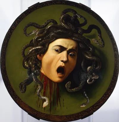 Medusa di Caravaggio - Scudo cerimoniale, olio su tela applicata a scudo convesso, 1597 - Galleria degli Uffizi, Firenze